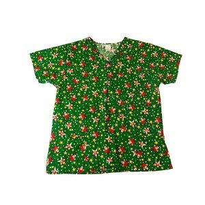 Scrubtime Womens Size XL Short Sleeve Scrub Top Shirt Christmas Santa Star Green